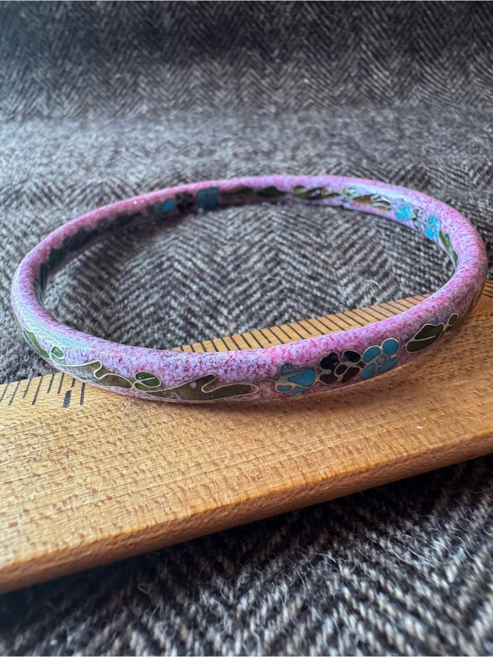 Vintage Cloisonne Bangle Bracelet Pink Marbled Enameled Boho Jewelry Floral